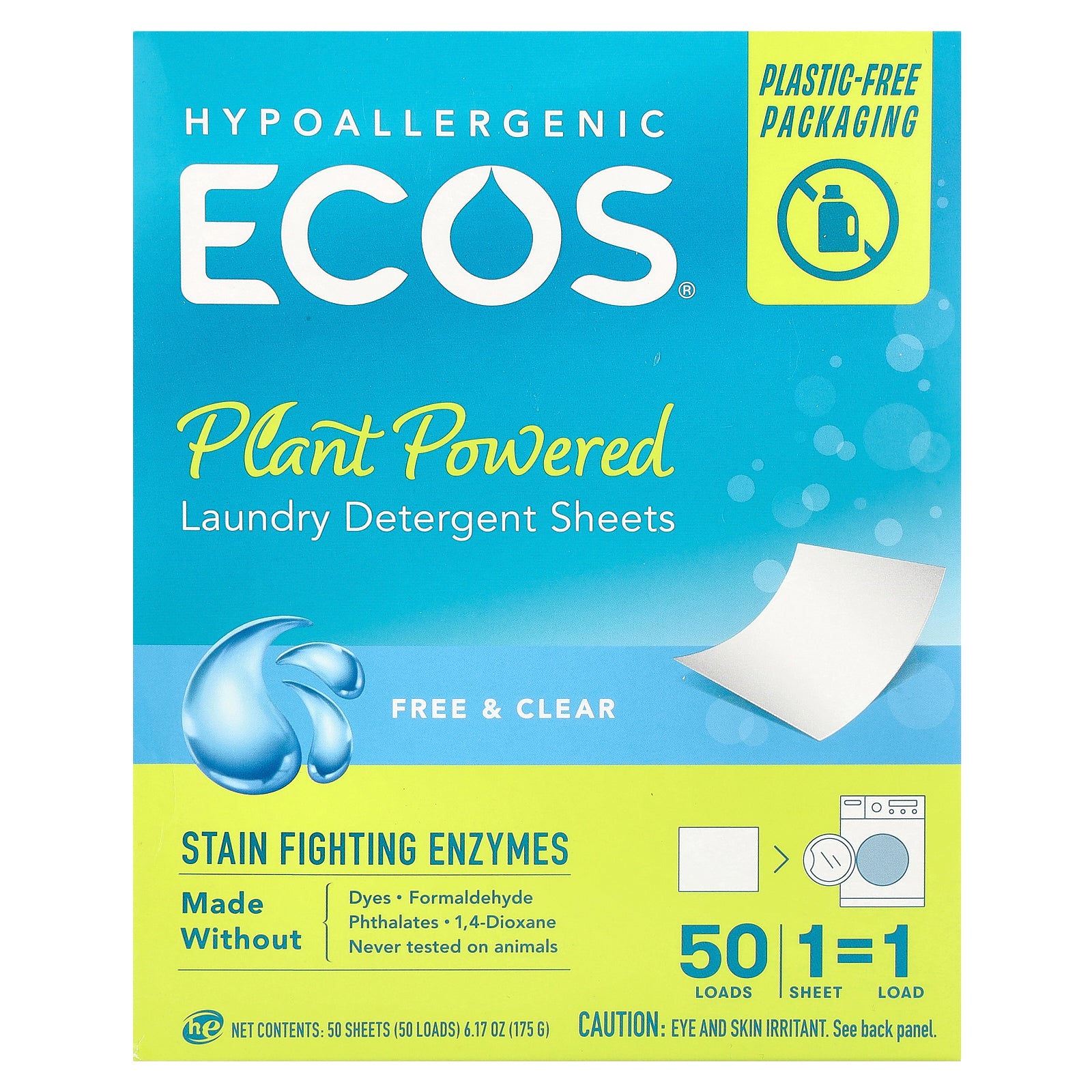 Earth Friendly Products, ECOS®, Plant Powered Laundry Detergent Sheets, Free & Clear, 50 Sheets