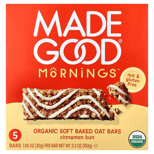 MadeGood, Mornings™, Organic Soft Baked Oat Bars, Cinnamon Bun, 5 Bars, 1.06 oz (30 g) Each