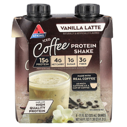 Atkins, Iced Coffee Protein Shake, Vanilla Latte, 4 Shakes, 11 fl oz (325 ml) Each