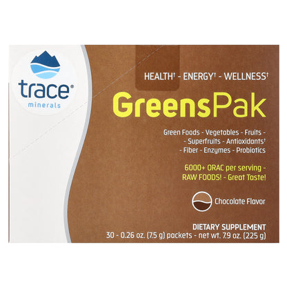 Trace Minerals ®, Greens Pak, Chocolate, 30 Packets, 0.26 oz (7.5 g) Each