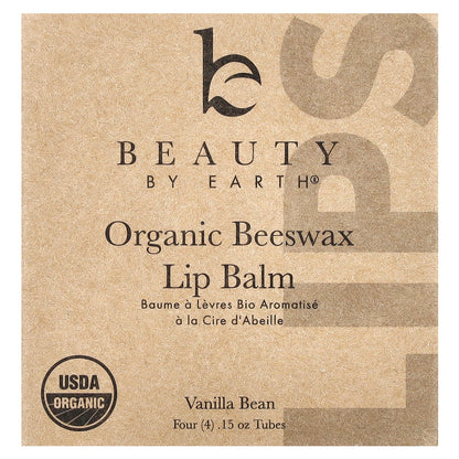 Beauty By Earth, Organic Beeswax Lip Balm, Vanilla Bean, 4 Tubes, 0.15 oz Each