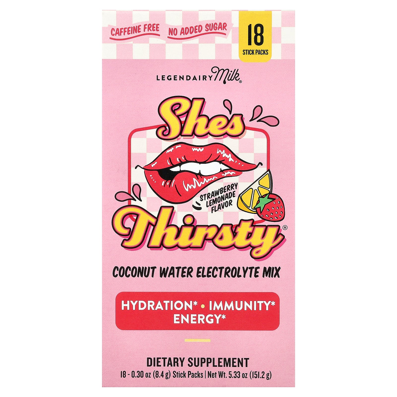 Legendairy Milk, She's Thirsty®, Coconut Water Electrolyte Mix, Strawberry Lemonade (Box), 18 Stick Packs, 0.3 oz (8.4 g) Each