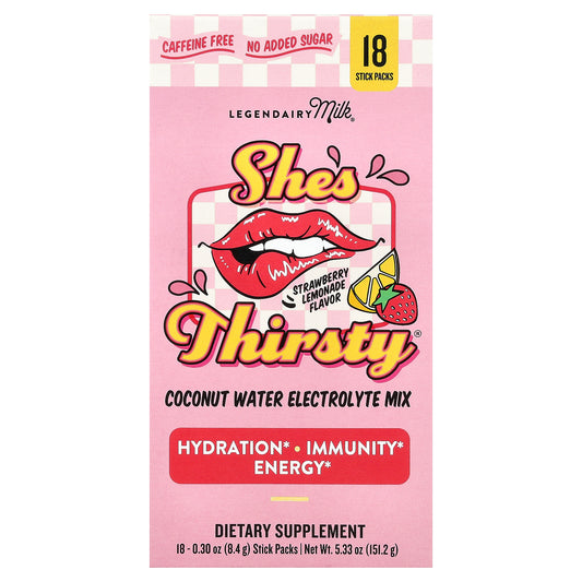 Legendairy Milk, She's Thirsty®, Coconut Water Electrolyte Mix, Strawberry Lemonade (Box), 18 Stick Packs, 0.3 oz (8.4 g) Each