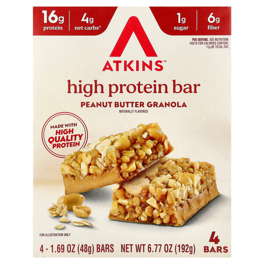 Atkins, High Protein Bar, Peanut Butter Granola, 4 Bars, 1.69 oz (48 g) Each