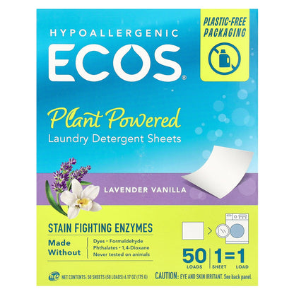 Earth Friendly Products, ECOS®, Plant Powered Laundry Detergent Sheets, Lavender Vanilla, 50 Sheets