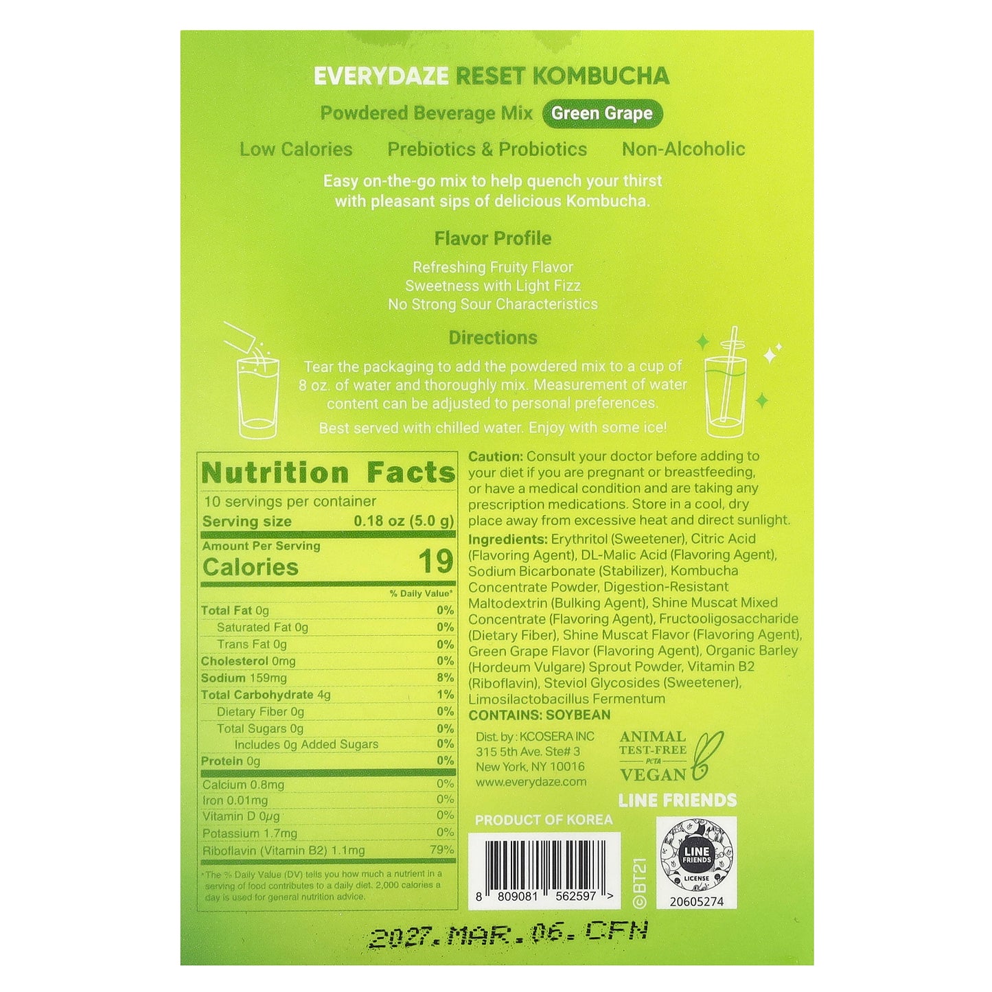 Everydaze, Reset Kombucha, Powdered Beverage Mix, Green Grape, 10 Packets, 0.18 oz (5 g) Each