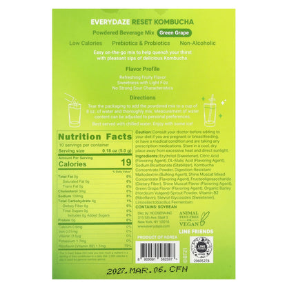 Everydaze, Reset Kombucha, Powdered Beverage Mix, Green Grape, 10 Packets, 0.18 oz (5 g) Each