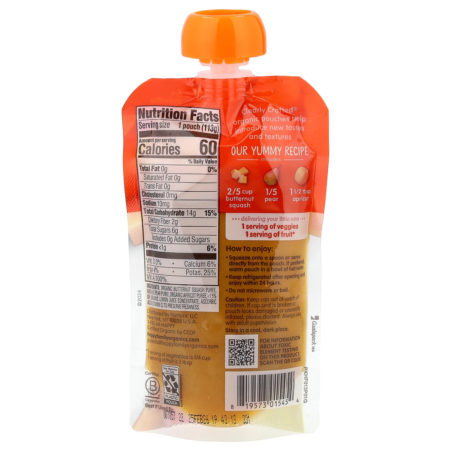 Happy Family Organics, Happy Baby®, Squash, Pears & Apricots, 6 + Months, 4 oz (113 g)