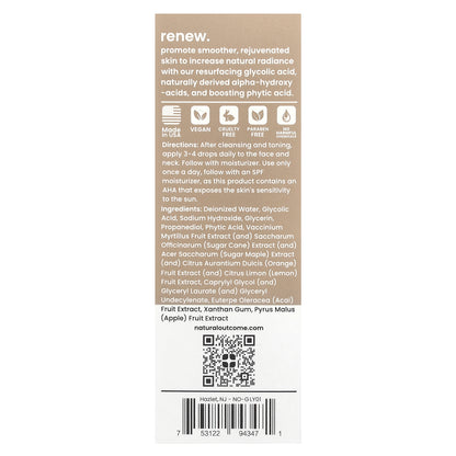Natural Outcome, Glycolic, Renewal Serum, Fragrance Free, 1 oz (30 ml)