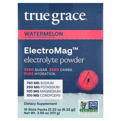 True Grace, ElectroMag™, Electrolyte Powder, Watermelon, 16 Stick Packs, 0.22 oz (6.32 g) Each