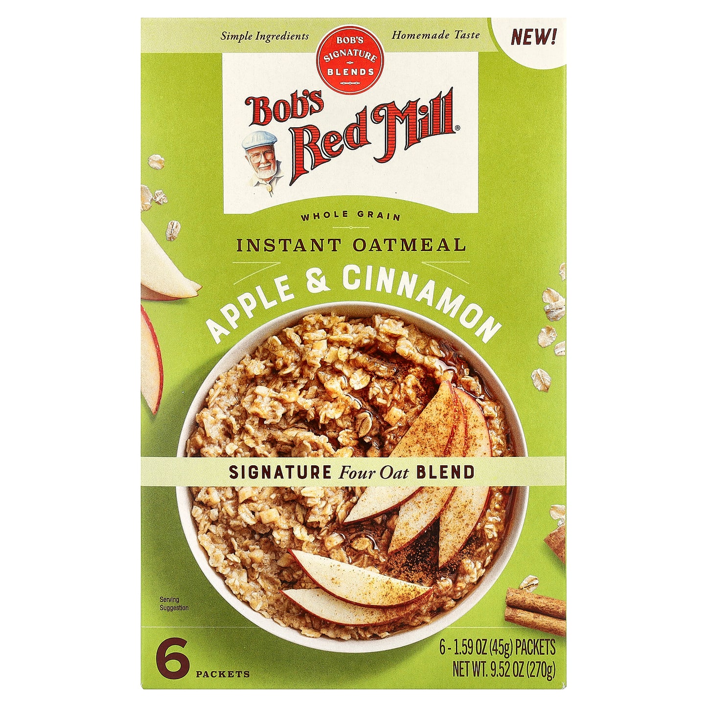 Bob's Red Mill, Instant Oatmeal, Whole Grain, Apple & Cinnamon, 6 Packets, 1.59 oz (45 g) Each