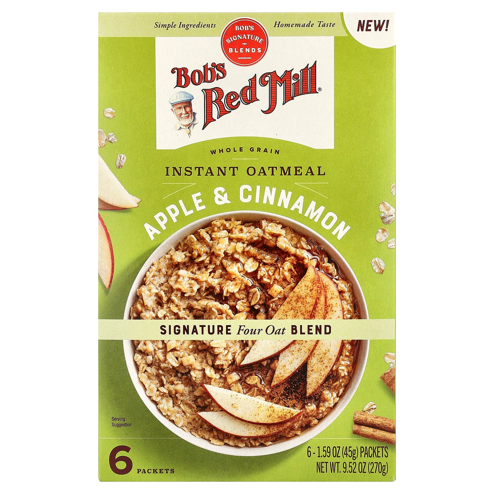 Bob's Red Mill, Instant Oatmeal, Whole Grain, Apple & Cinnamon, 6 Packets, 1.59 oz (45 g) Each