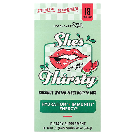 Legendairy Milk, She's Thirsty®, Coconut Water Electrolyte Mix, Watermelon (Box), 18 Stick Packs, 0.28 oz (7.8 g) Each
