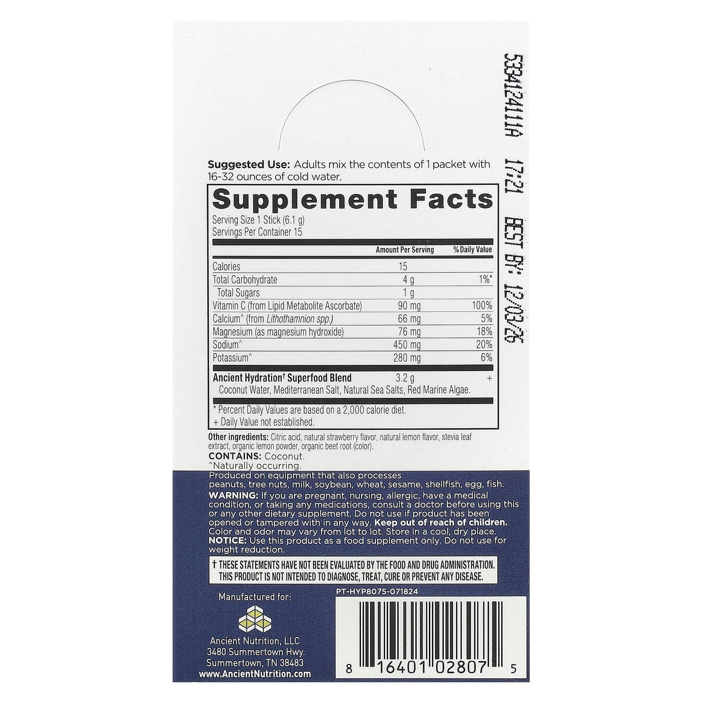 Ancient Nutrition, Rapid Hydration, Strawberry Lemonade, 15 On-The-Go Stick Packs, 0.2 oz (6.1 g) Each