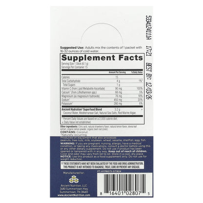 Ancient Nutrition, Rapid Hydration, Strawberry Lemonade, 15 On-The-Go Stick Packs, 0.2 oz (6.1 g) Each