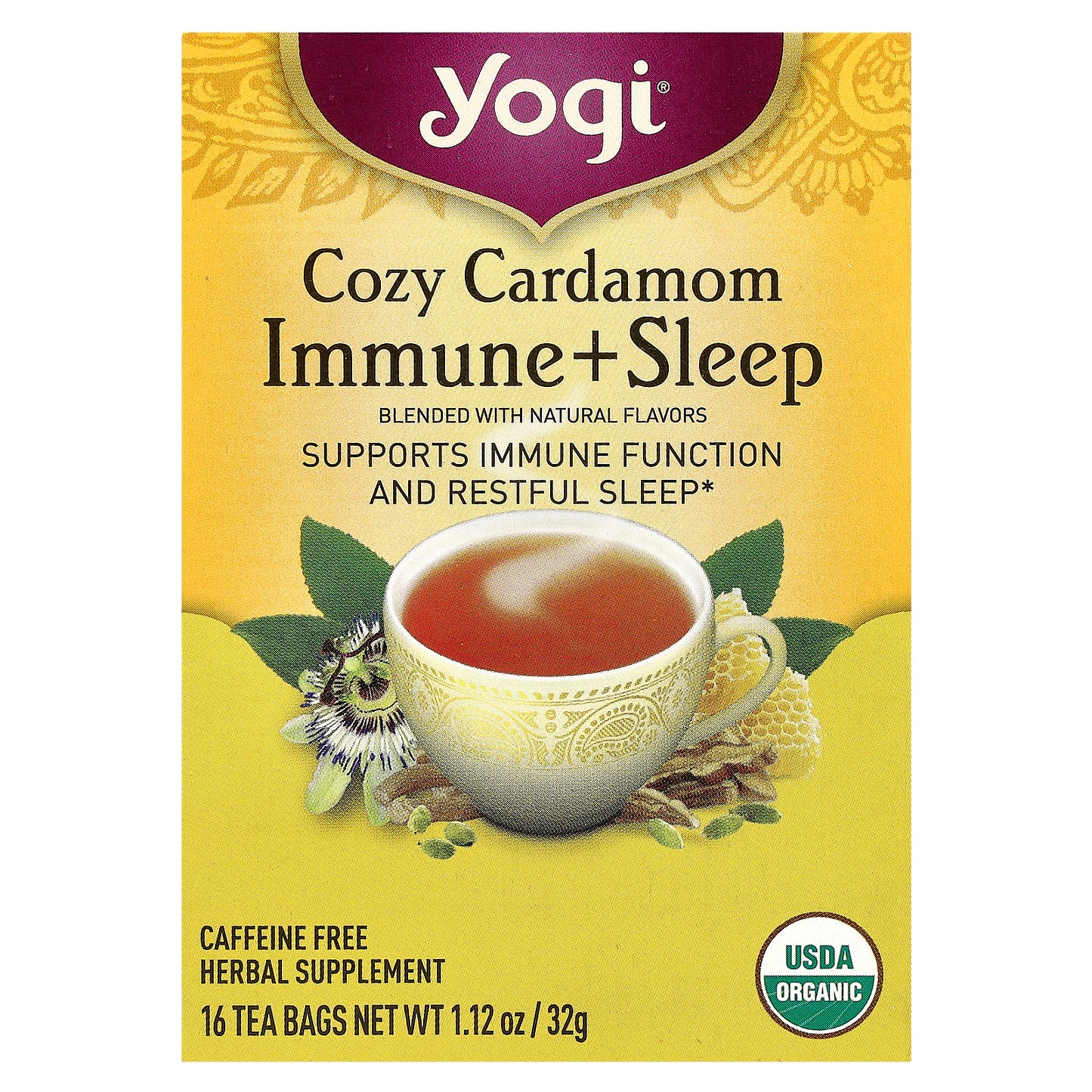 Yogi Tea, Cozy Cardamom Immune + SleepTea, Caffeine Free, 16 Tea Bags, 1.12 oz (32 g)