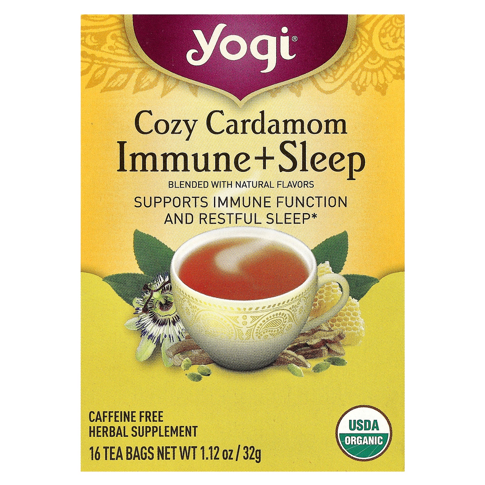 Yogi Tea, Cozy Cardamom Immune + SleepTea, Caffeine Free, 16 Tea Bags, 1.12 oz (32 g)
