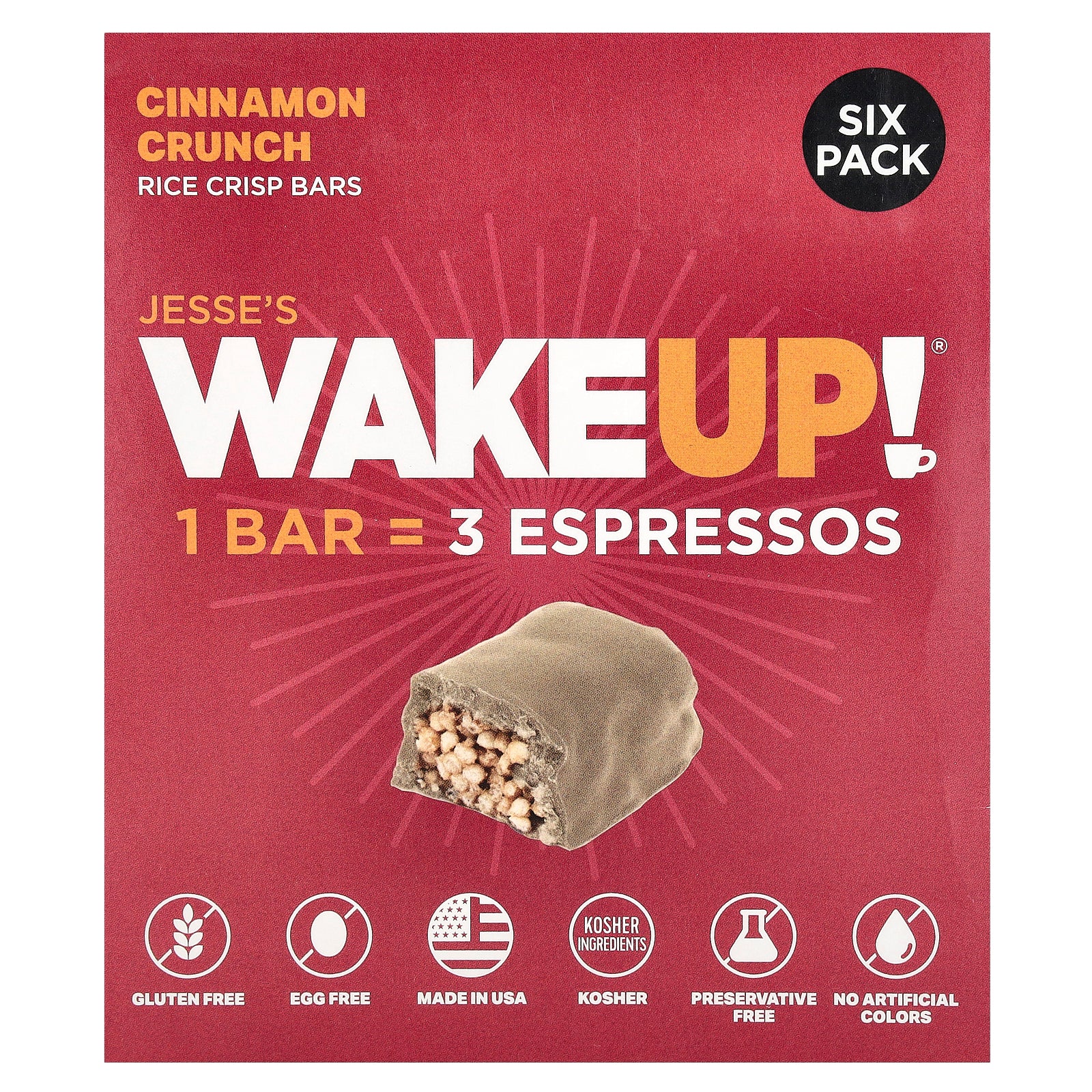 Jesse's WAKEUP!, Rice Crisp Bars, Cinnamon Crunch, 6 Pack, 1.13 oz (32 g) Each