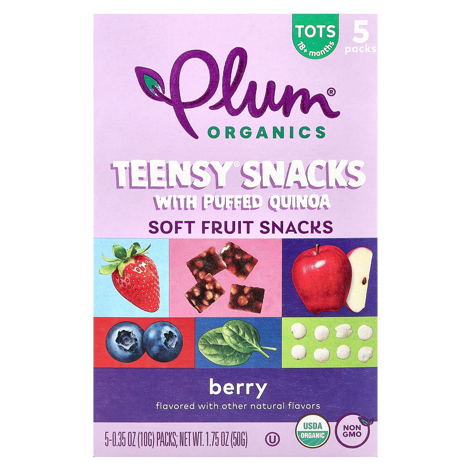 Plum Organics, Teensy Snacks with Puffed Quinoa, Soft Fruit Snacks, 18+ Months, Berry, 5 Packs, 0.35 oz (10 g) Each