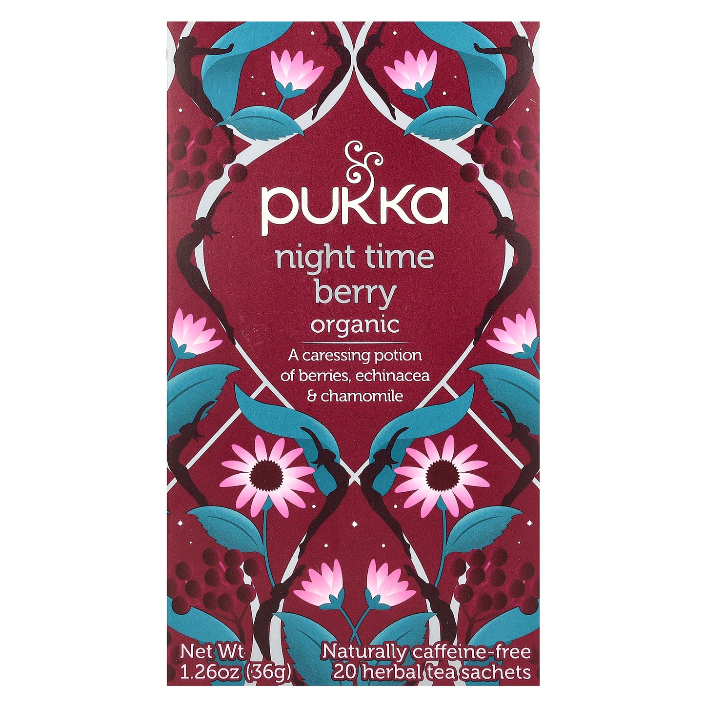 Pukka Herbs, Herbal Tea, Organic Night Time Berry, Caffeine-Free, 20 Sachets, 1.26 oz (36 g)