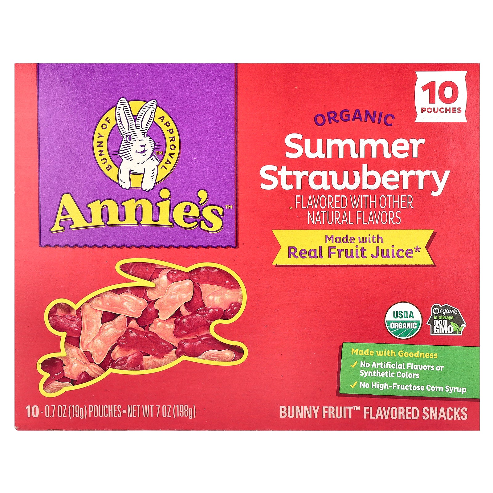 Annie's Homegrown, Organic Bunny Fruit™ Snacks, Summer Strawberry, 10 Pouches, 0.7 oz (19 g) Each