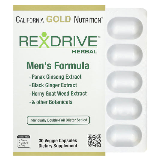 California Gold Nutrition, Rexdrive™ Men's Herbal Performance Formula with Panax Ginseng, Black Ginger, and Horny Goat Weed Extracts plus Botanical Blends, 30 Veggie Capsules