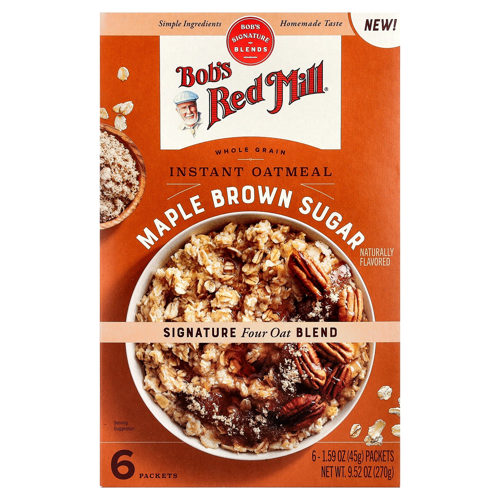 Bob's Red Mill, Instant Oatmeal, Whole Grain, Maple Brown Sugar, 6 Packets, 1.59 oz (45 g) Each