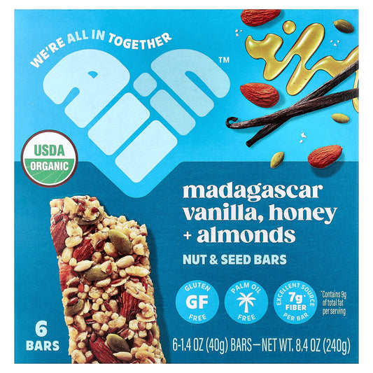 All In, Nut & Seed Bars, Madagascar Vanilla, Honey + Almonds, 6 Bars, 1.4 oz (40 g) Each