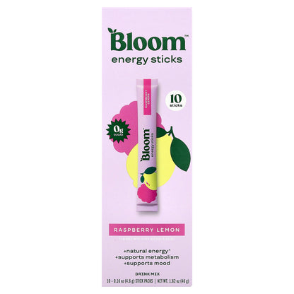 Bloom, Energy Sticks, Raspberry Lemon, 10 Stick Packs, 0.16 oz (4.6 g) Each