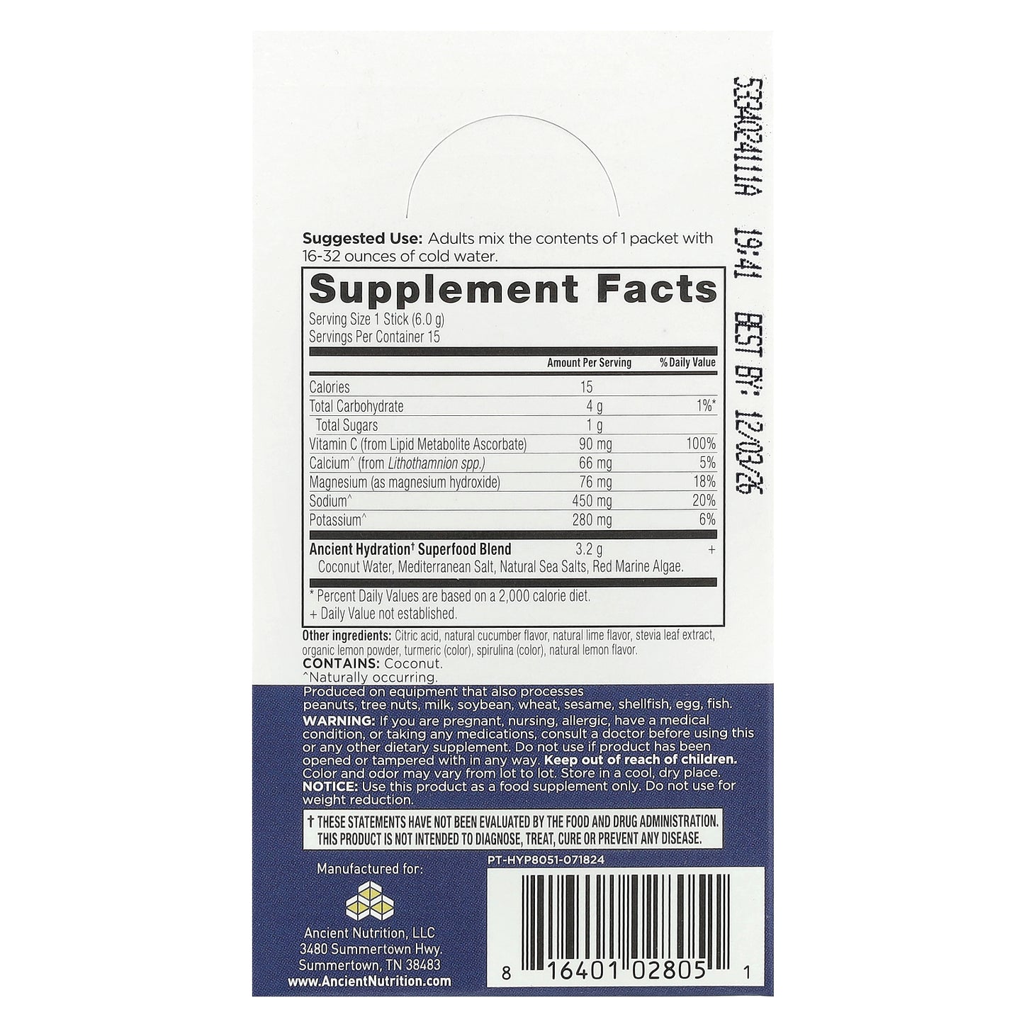 Ancient Nutrition, Rapid Hydration, Lemon Lime, 15 On-The-Go Stick Packs, 0.2 oz (6 g) Each