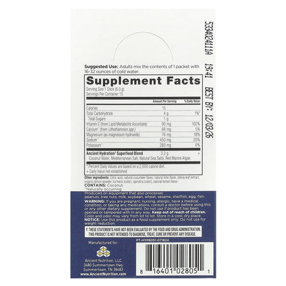 Ancient Nutrition, Rapid Hydration, Lemon Lime, 15 On-The-Go Stick Packs, 0.2 oz (6 g) Each