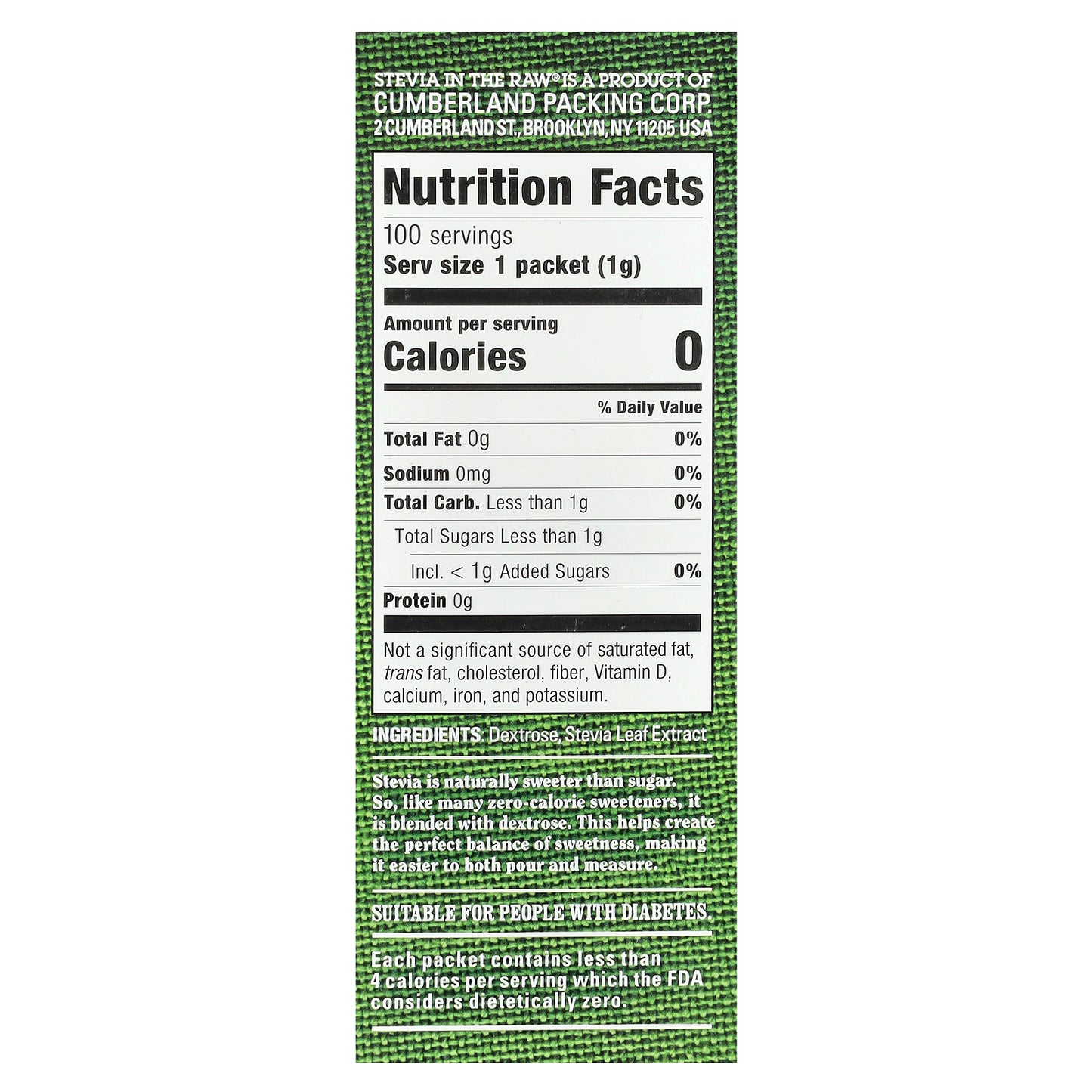 In the Raw, Stevia In The Raw®, Zero Calorie Sweetener, 100 Packets, 3.5 oz (100 g)