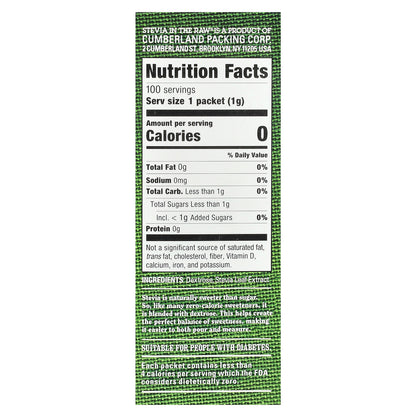 In the Raw, Stevia In The Raw®, Zero Calorie Sweetener, 100 Packets, 3.5 oz (100 g)
