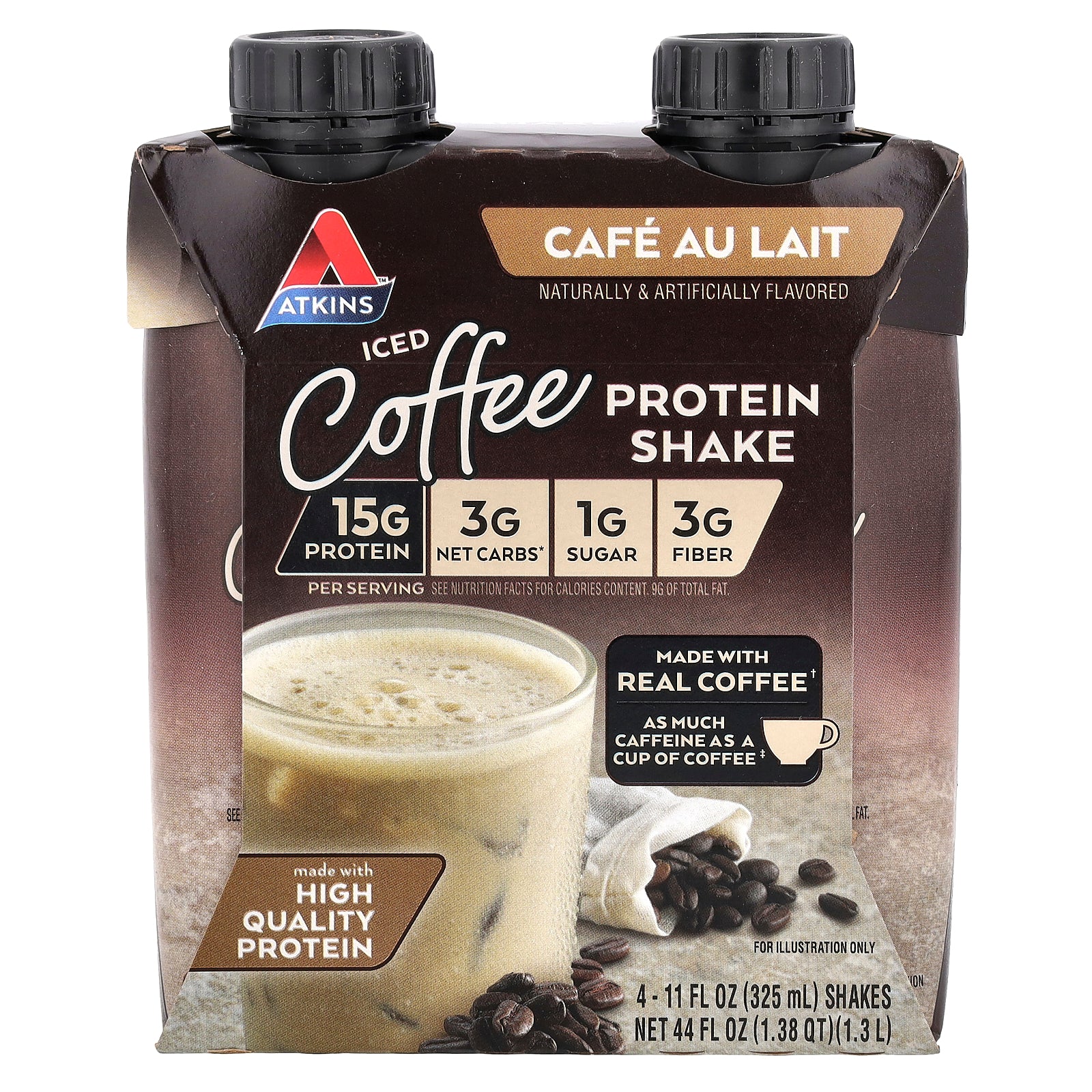 Atkins, Iced Coffee Protein Shake, Cafe Au Lait, 4 Shakes, 11 fl oz (325 ml) Each