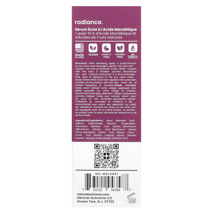 Natural Outcome, Mandelic, Radiance Serum, Fragrance Free, 1 oz (30 ml)