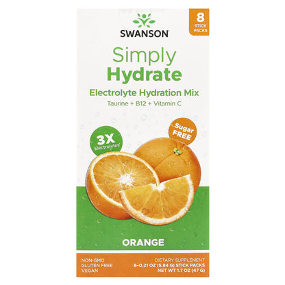 Swanson, Simply Hydrate, Electrolyte Hydration Mix, Orange, 8 Stick Packs 0.21 oz (5.84 g) Each