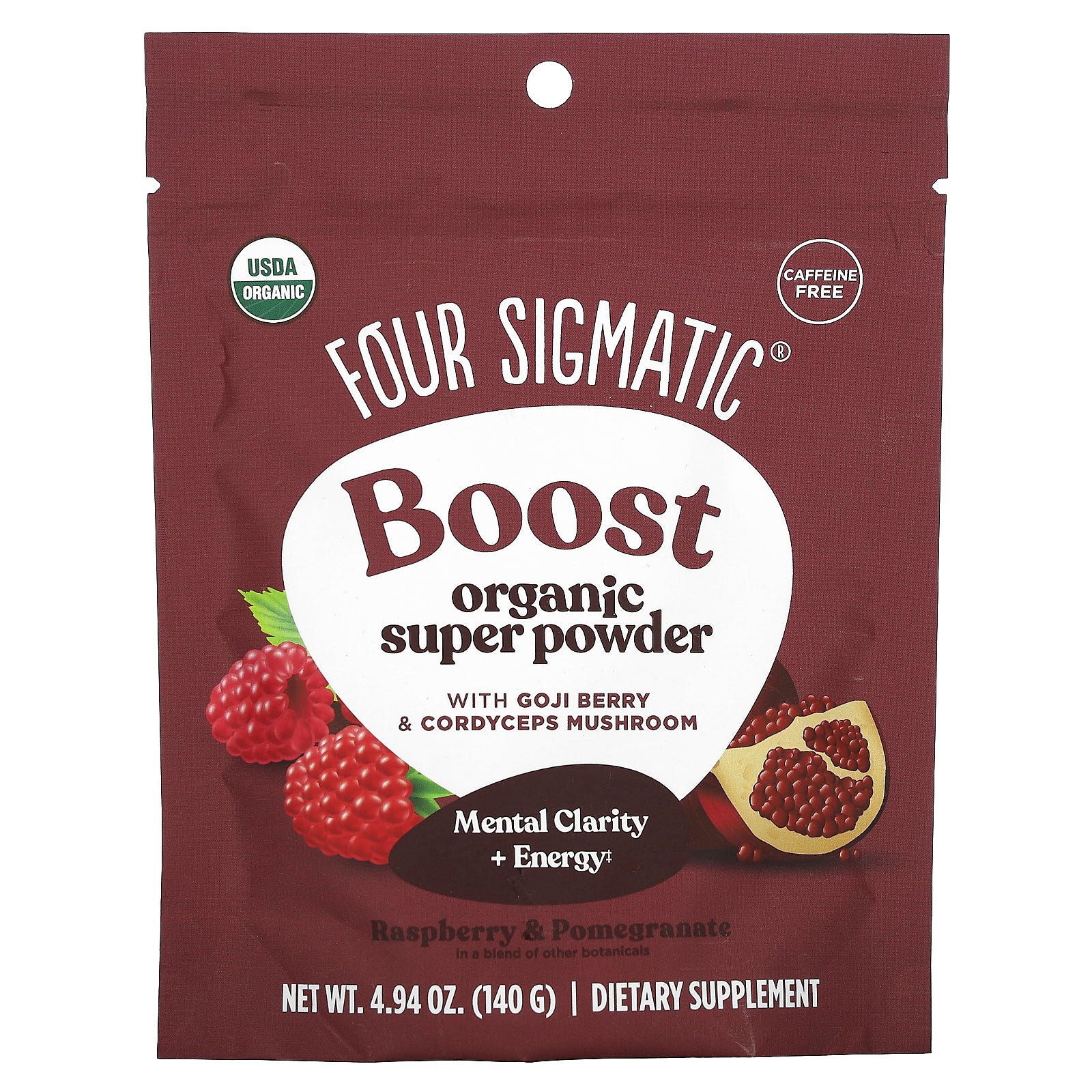 Four Sigmatic, Boost, Organic Super Powder, Caffeine Free, Raspberry & Pomegranate, 4.94 oz (140 g)