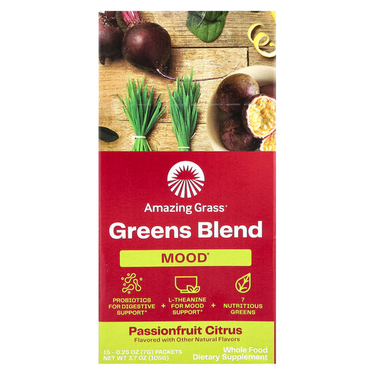 Amazing Grass, Greens Blend, Mood, Passionfruit Citrus, 15 Packets 0.25 oz (7 g) Each