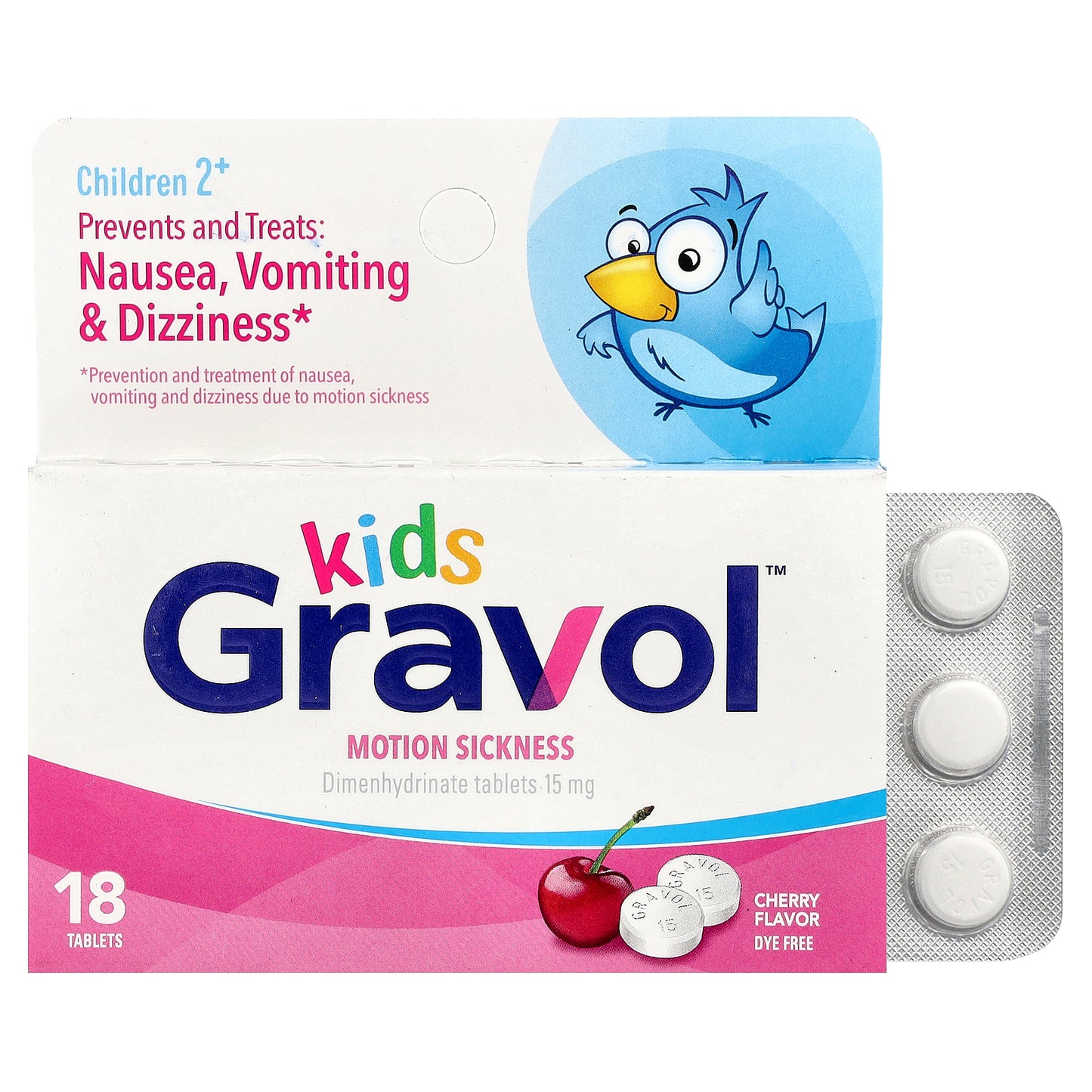 Gravol, Kids, Motion Sickness, Children 2+, Cherry, 15 mg, 18 Tablets