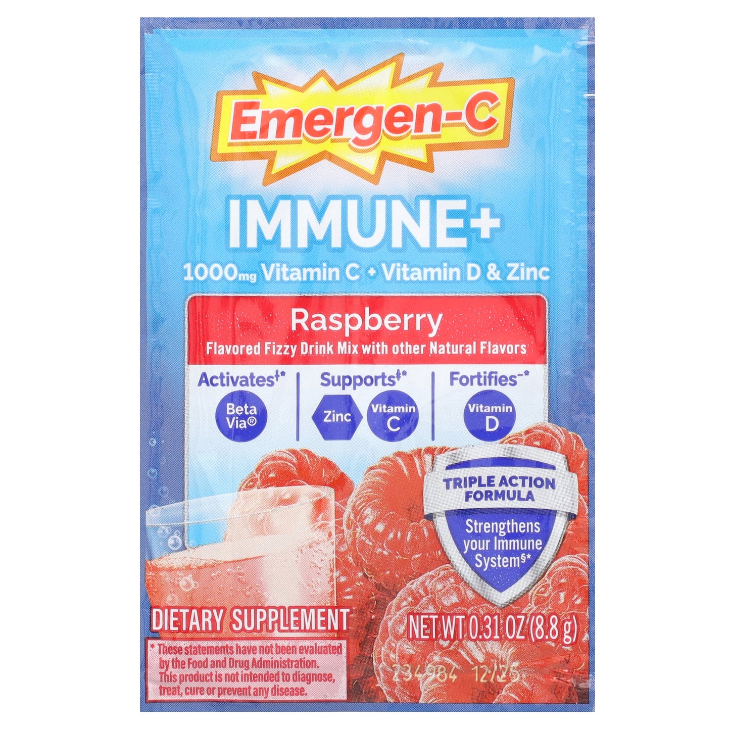 Emergen-C, Immune+ Vitamin C + Vitamin D & Zinc, Raspberry, 30 Packets, 0.31 oz (8.8 g) Each