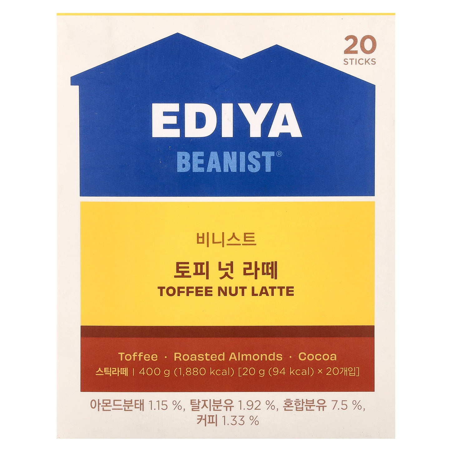 Ediya, Beanist®, Toffee Nut Latte, 20 Sticks, 0.7 oz (20 g) Each