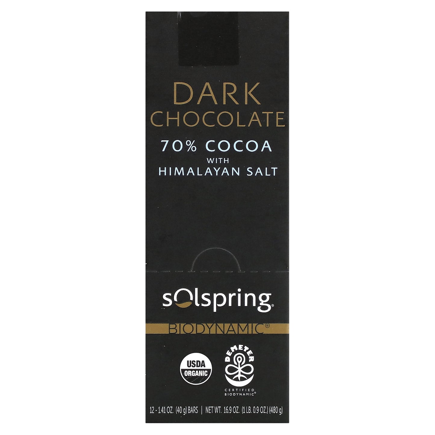 Dr. Mercola, Solspring®, Biodynamic®, Dark Chocolate Bar, 70% Cocoa With Himalayan Salt, 12 Bars, 1.41 oz (40 g) Each