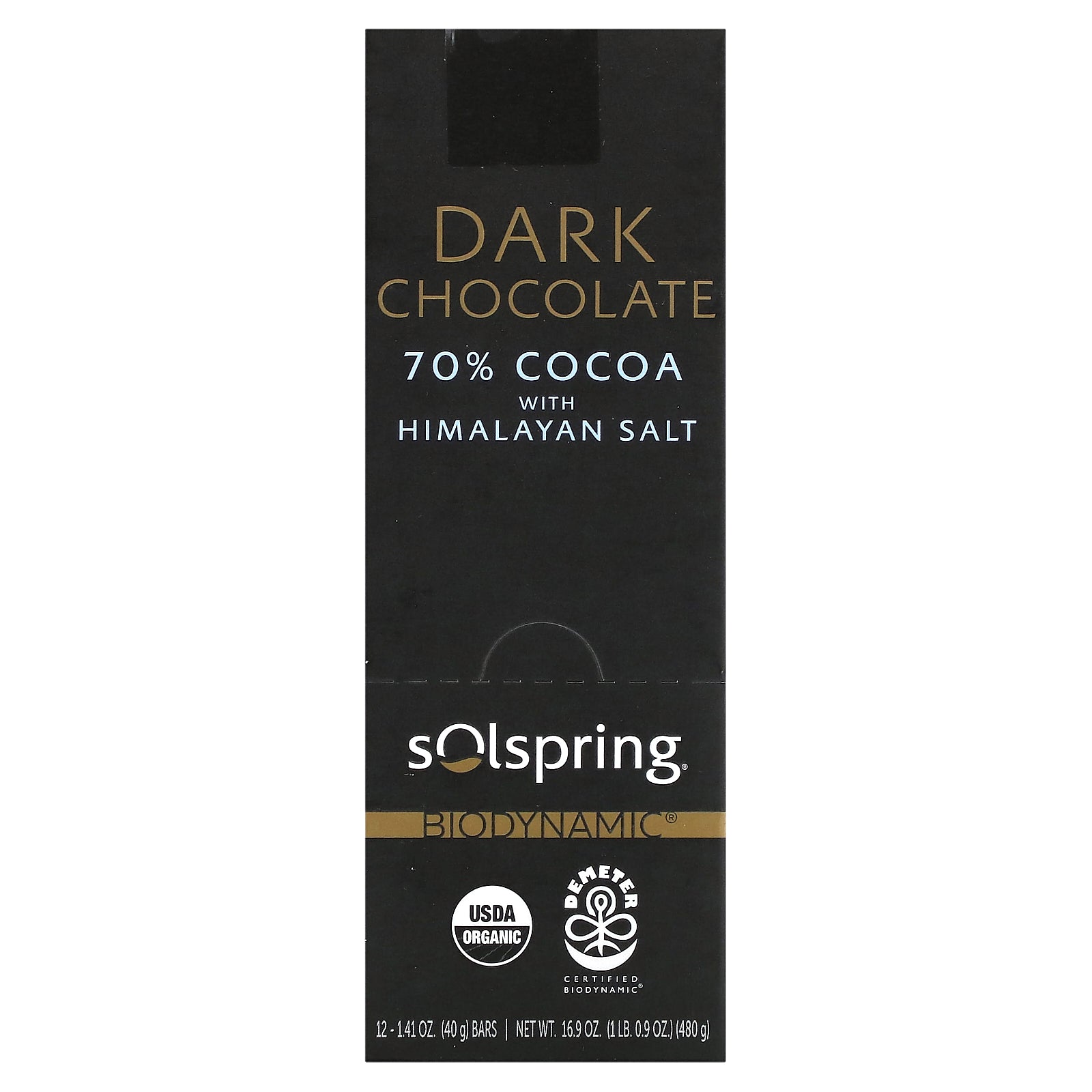 Dr. Mercola, Solspring®, Biodynamic®, Dark Chocolate Bar, 70% Cocoa With Himalayan Salt, 12 Bars, 1.41 oz (40 g) Each