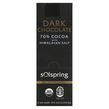 Dr. Mercola, Solspring®, Biodynamic®, Dark Chocolate Bar, 70% Cocoa With Himalayan Salt, 12 Bars, 1.41 oz (40 g) Each