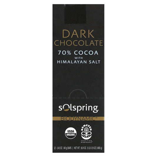 Dr. Mercola, Solspring®, Biodynamic®, Dark Chocolate Bar, 70% Cocoa With Himalayan Salt, 12 Bars, 1.41 oz (40 g) Each