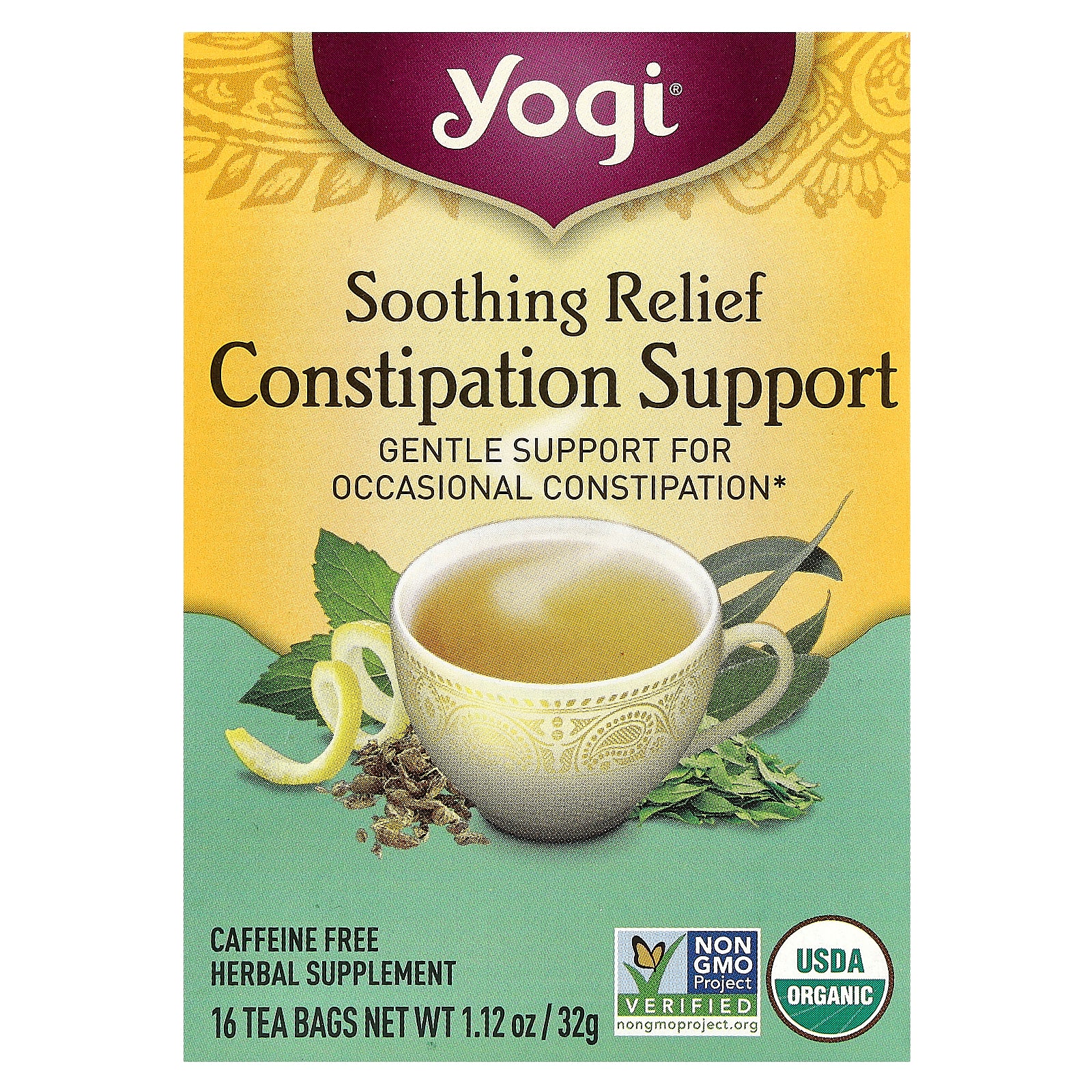 Yogi Tea, Soothing Relief Constipation Support, Caffeine Free, 16 Tea Bags, 1.12 oz (32 g)