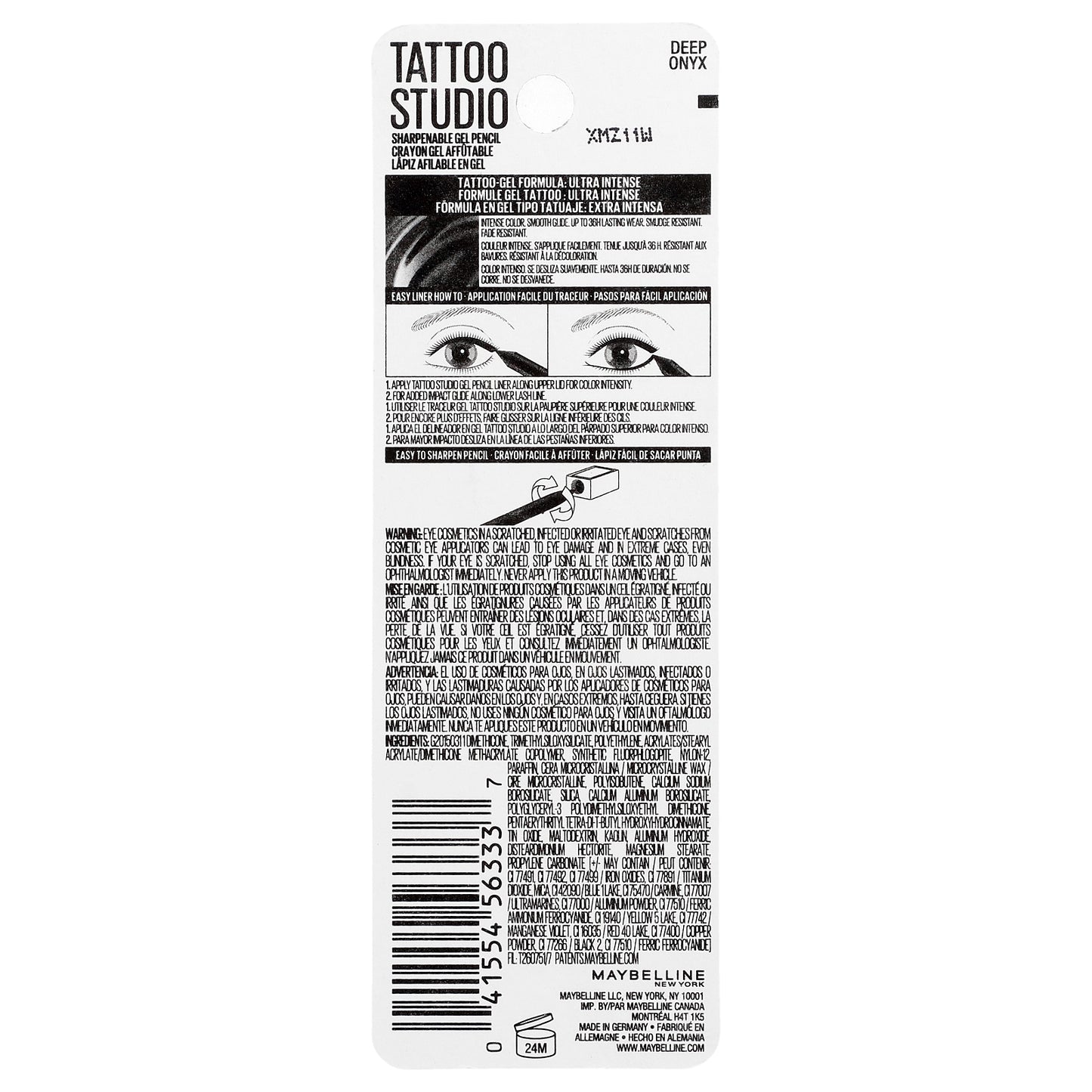 Maybelline, Tattoo Studio, Eyeliner, Sharpenable Gel Pencil, Waterproof, 900 Deep Onyx, 0.04 oz (1.2 g)