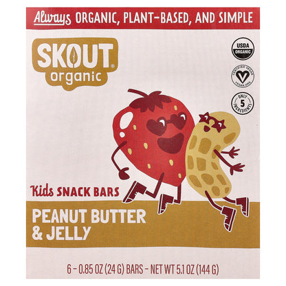 Skout Organic, Kids Snack Bars, Peanut Butter & Jelly, 6 Bars, 0.85 oz (24 g) Each