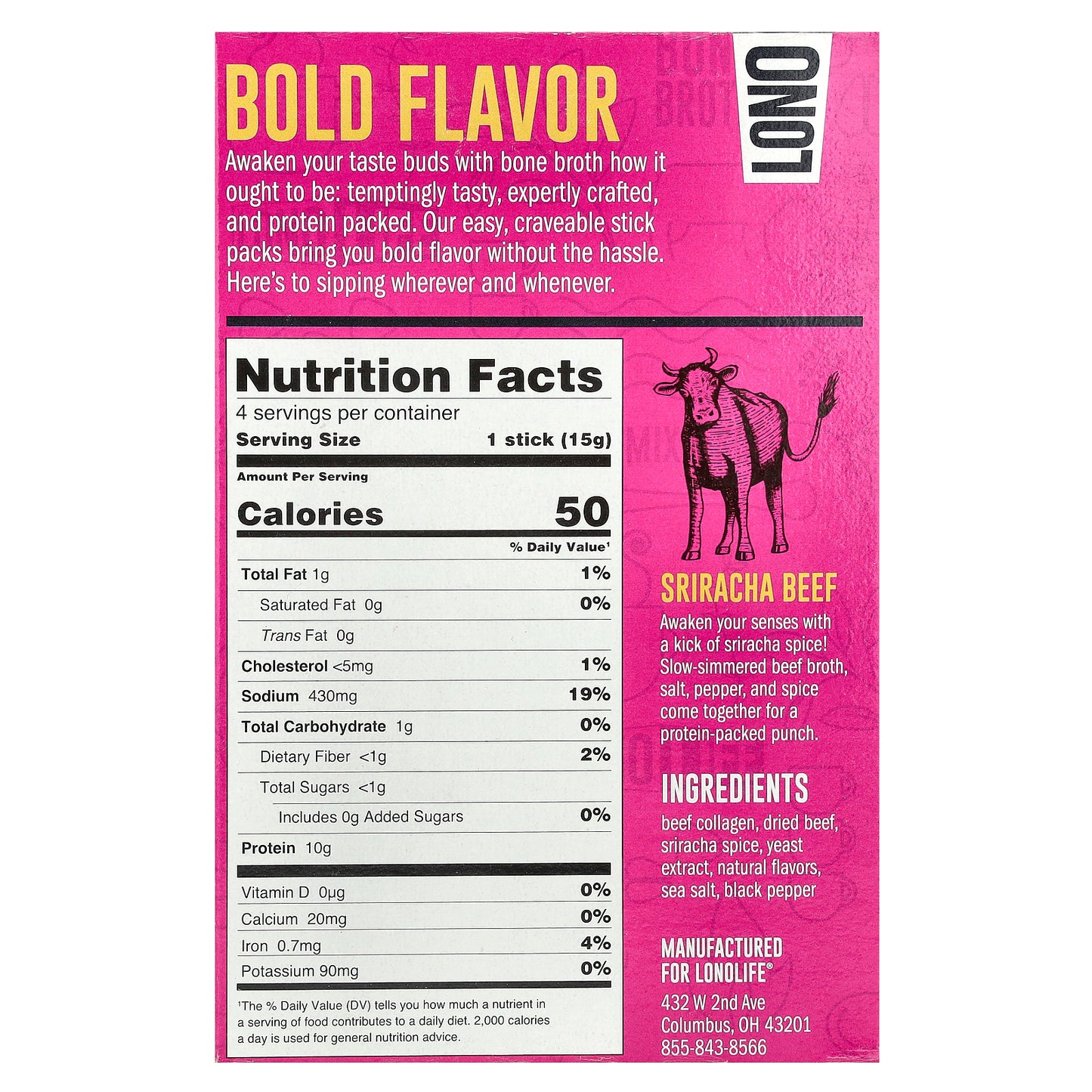 Lonolife, Sipping Bone Broth, Sriracha Beef, 4 Single Serve Sticks, 0.53 oz (15 g) Each
