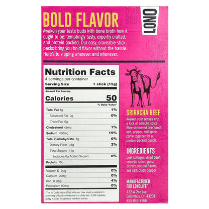 Lonolife, Sipping Bone Broth, Sriracha Beef, 4 Single Serve Sticks, 0.53 oz (15 g) Each